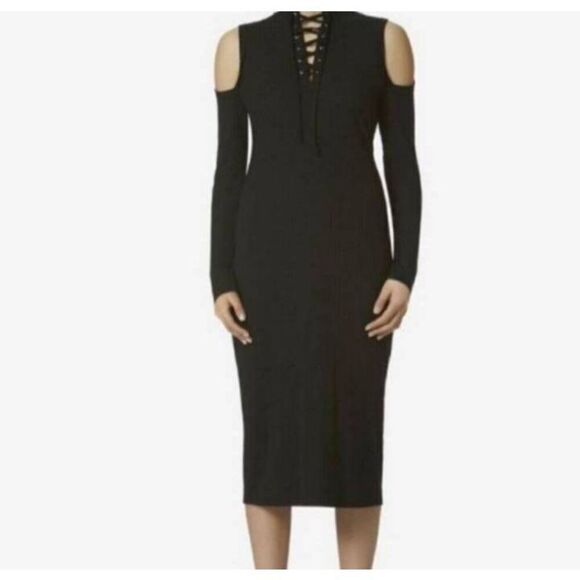 AVEC LES FILLES RIBBED BLACK COLD SHOULDER BODYCON LONG SLEEVE DRESS SZ.M EUC. - Picture 1 of 10
